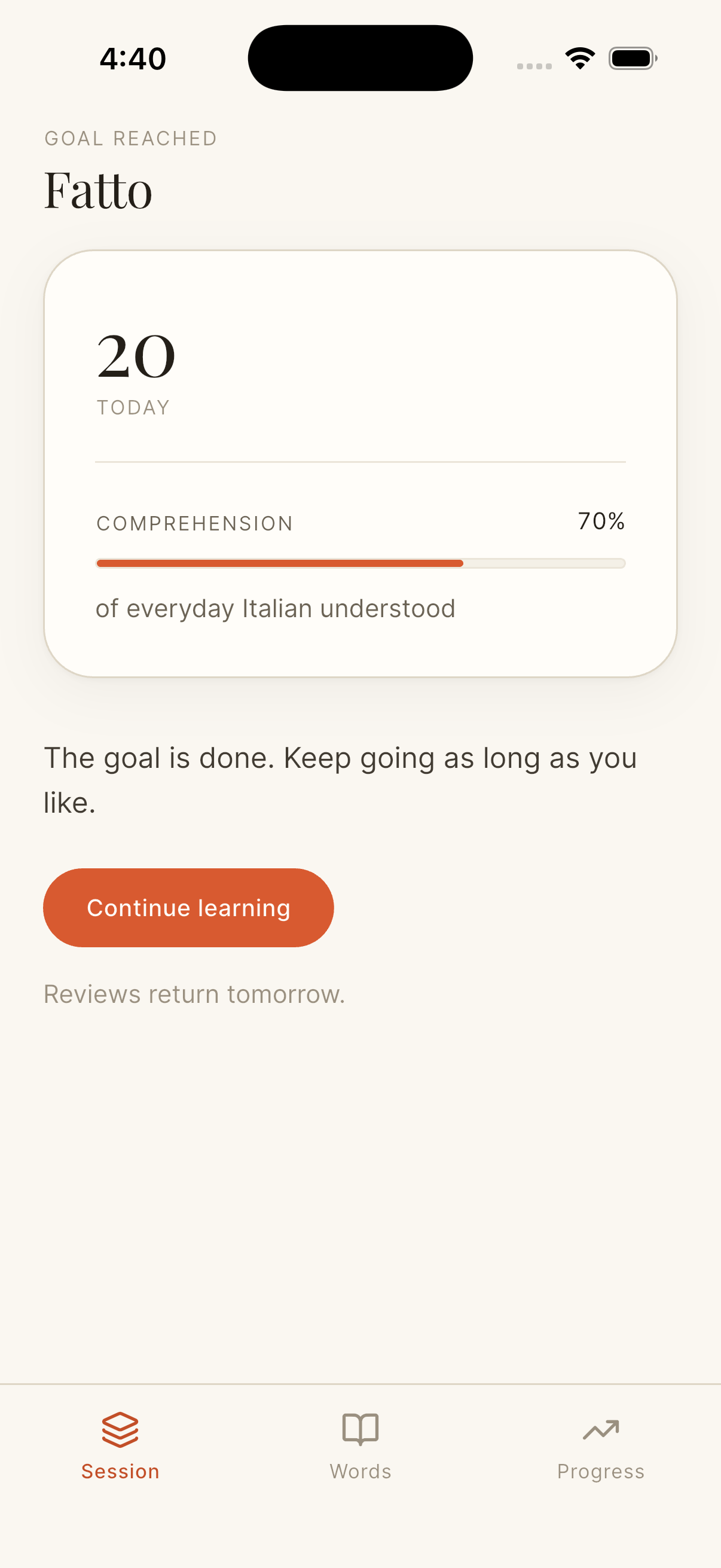 Goal-reached screen inviting the user to continue learning past their daily goal